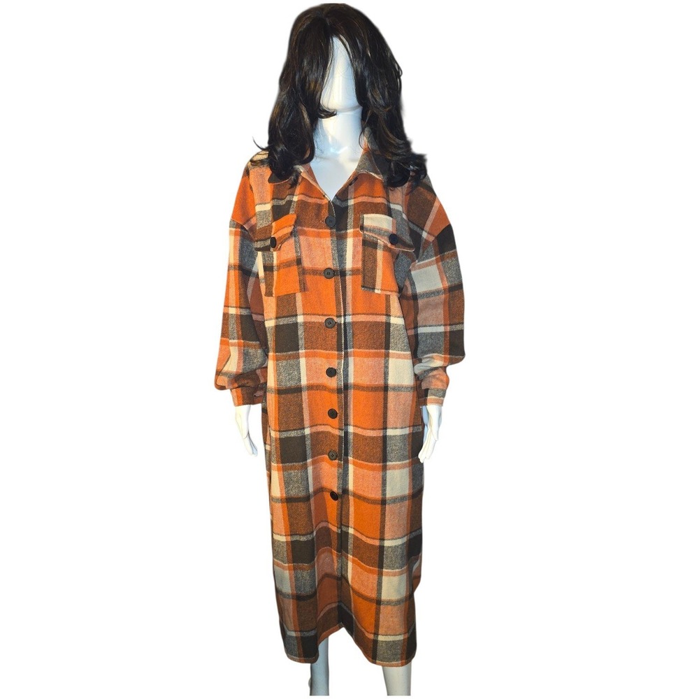Women's Longline Plaid Shacket Orange Brown Cream Midi Flannel Coat Size: XL